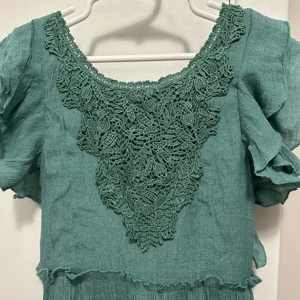 Joyfolie Bohemian High Low Green Tiered Ruffle Dress Girls 6 crochet detail